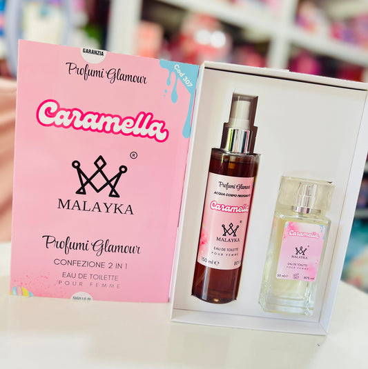 MALAYKA CONFEZIONE ALLA CARAMELLA ACQUA PROFUMATA 150ml + PROFUMO 50ml